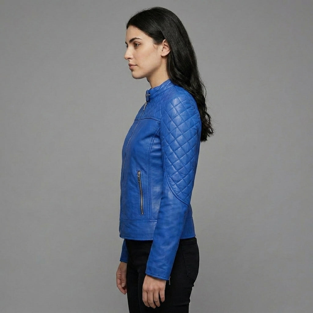 Men’s Blue Bend Collar Leather Biker Jacket