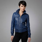 Women’s Elegant Blue Leather Moto Jacket with Stand-Up Collar & Ribbed Cuffs