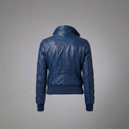 Women’s Elegant Blue Leather Moto Jacket with Stand-Up Collar & Ribbed Cuffs