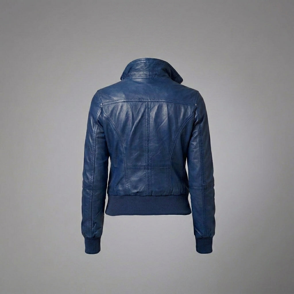 Women’s Elegant Blue Leather Moto Jacket with Stand-Up Collar & Ribbed Cuffs