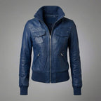 Women’s Elegant Blue Leather Moto Jacket with Stand-Up Collar & Ribbed Cuffs