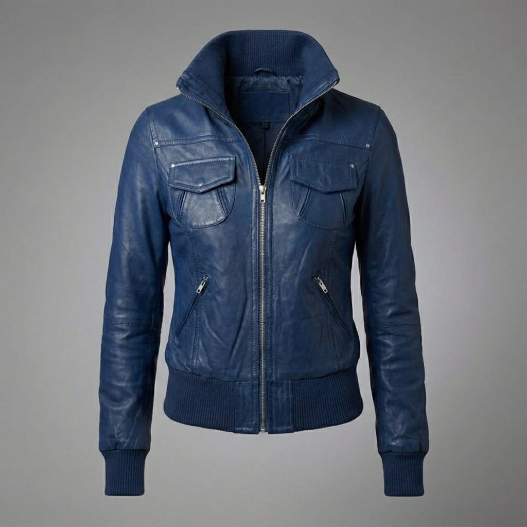 Women’s Elegant Blue Leather Moto Jacket with Stand-Up Collar & Ribbed Cuffs