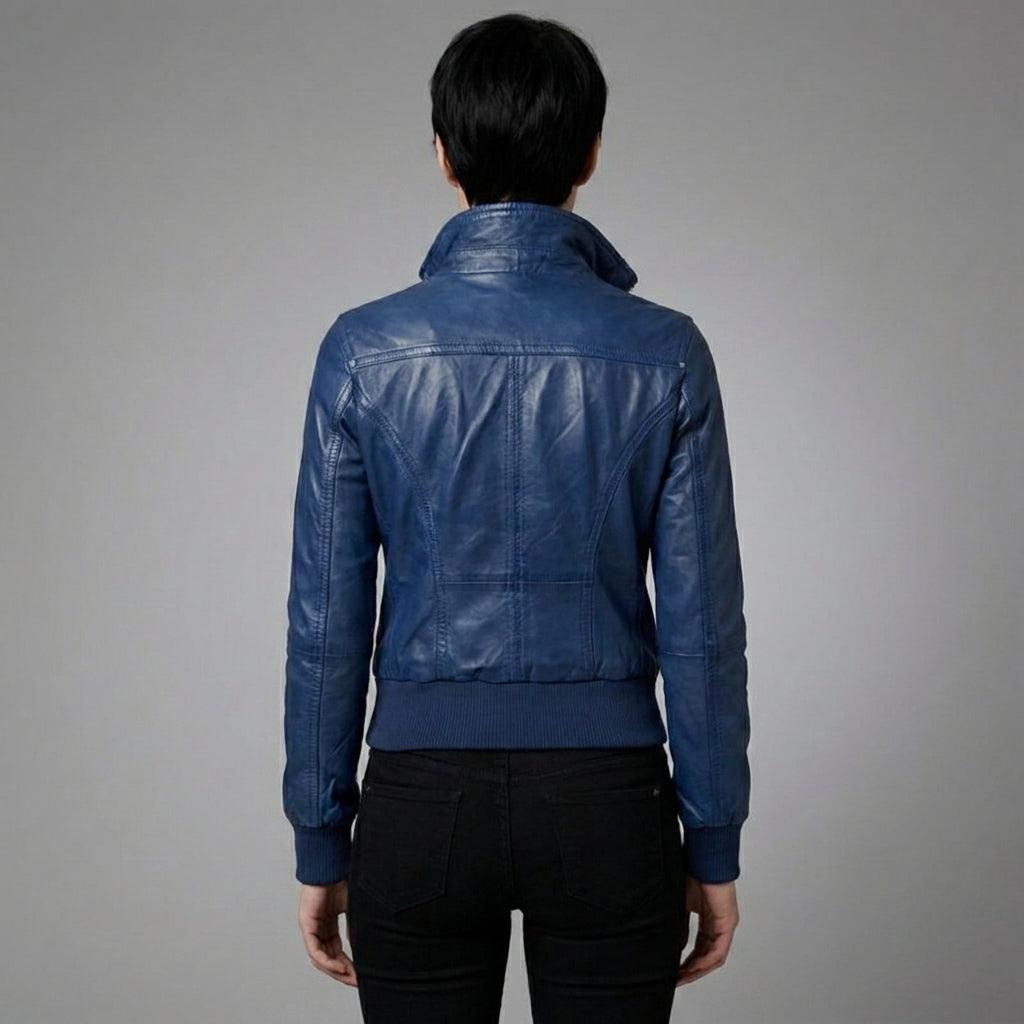 Women’s Elegant Blue Leather Moto Jacket with Stand-Up Collar & Ribbed Cuffs