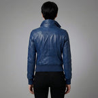 Women’s Elegant Blue Leather Moto Jacket with Stand-Up Collar & Ribbed Cuffs