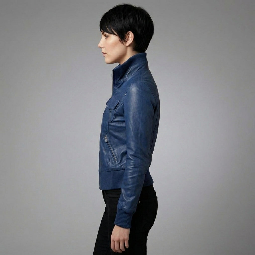 Women’s Elegant Blue Leather Moto Jacket with Stand-Up Collar & Ribbed Cuffs