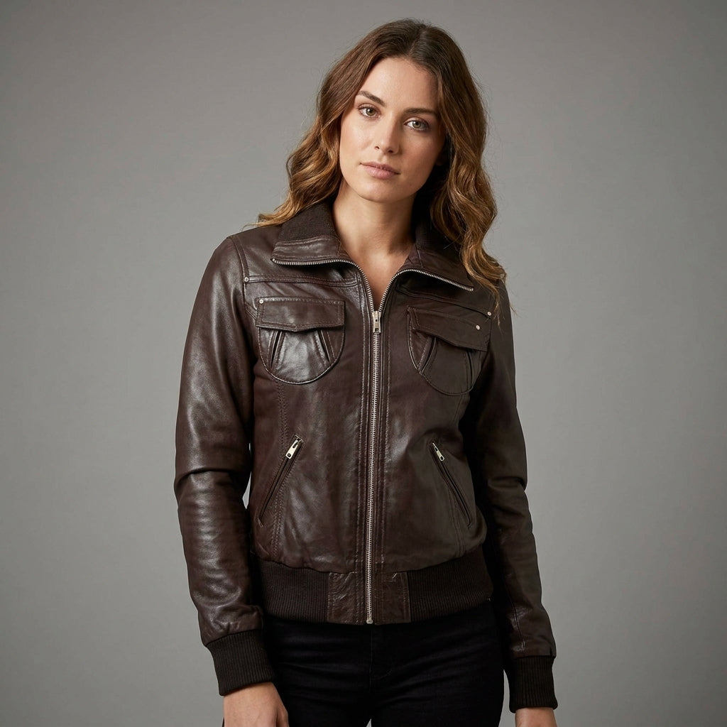 Women’s Brown Shearling Sheepskin Bomber Jacket