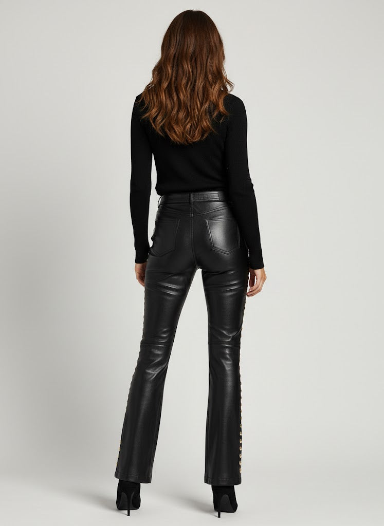 Midnight  Black Leather Pants with Gold Hardware