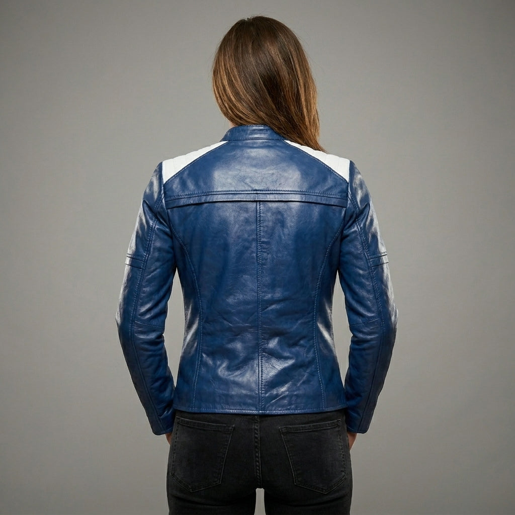 Midnight Blue Women’s Leather Moto Biker Jacket