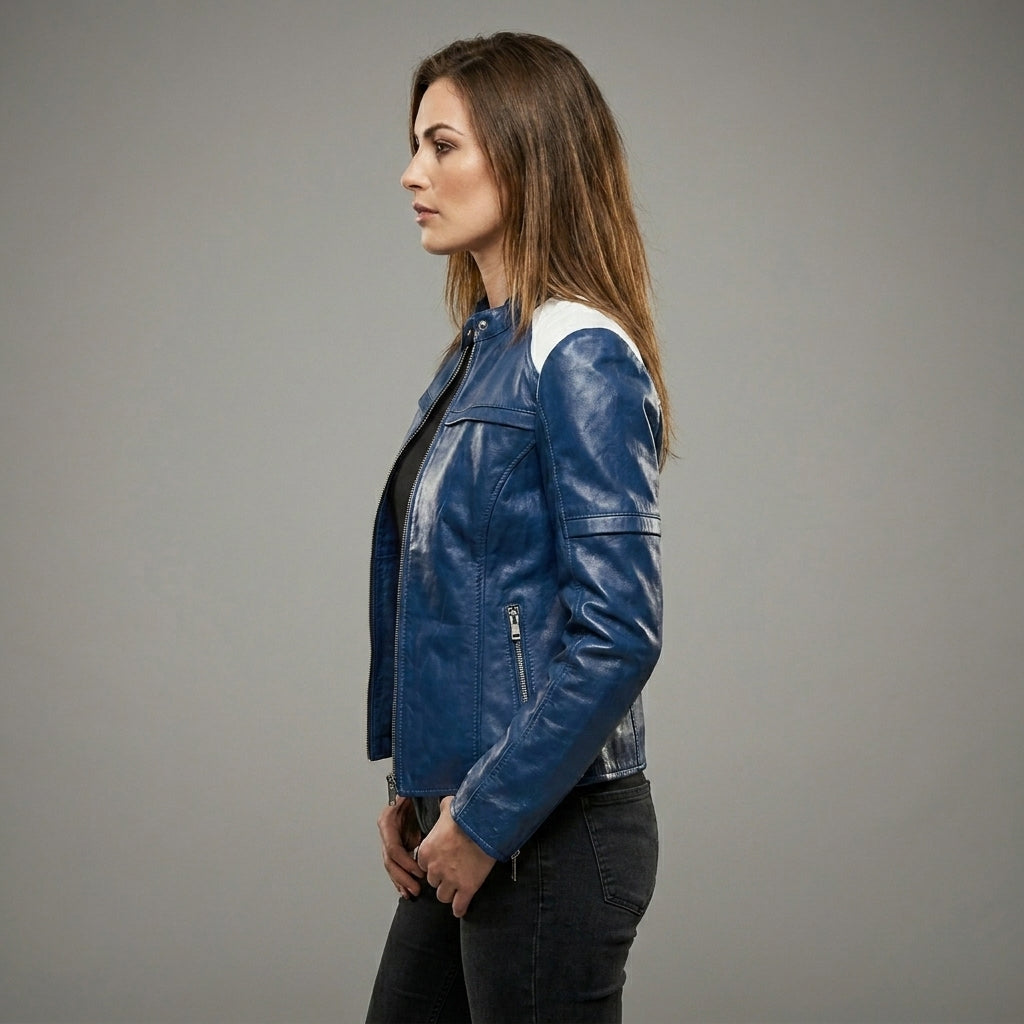 Midnight Blue Women’s Leather Moto Biker Jacket