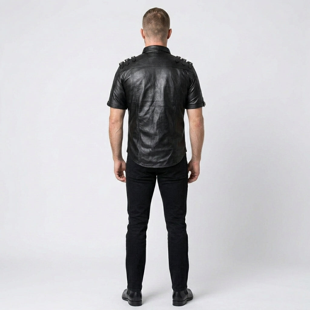 Men’s Stylish Napa Leather T-Shirt with Buckles