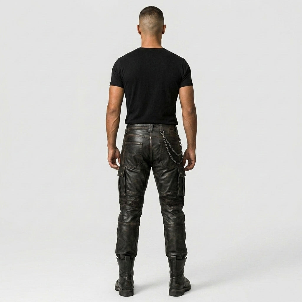 Men’s Black Sheepskin Leather Cargo Biker Pants