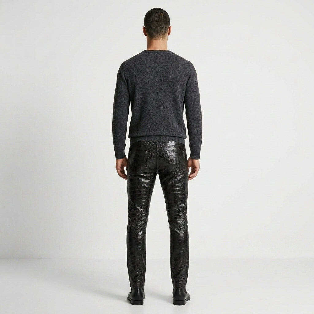 Men’s Black Crocodile Embossed Genuine Leather Biker Pants