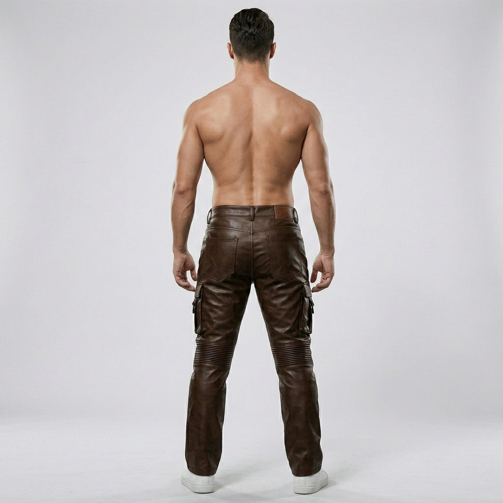Men’s Brown Slim Fit Biker Leather Pants