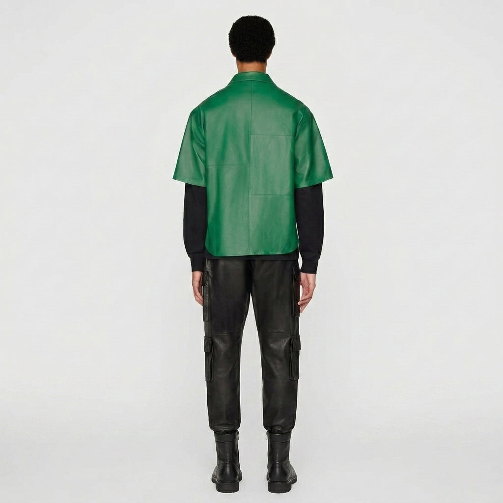 Men’s Green Half Sleeve Leather Shirt