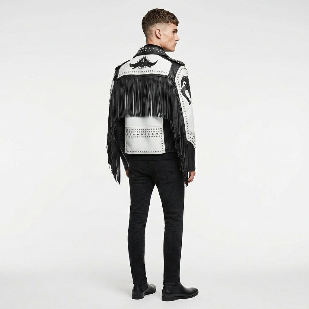 Men’s Black & White Studded Cowboy Leather Jacket