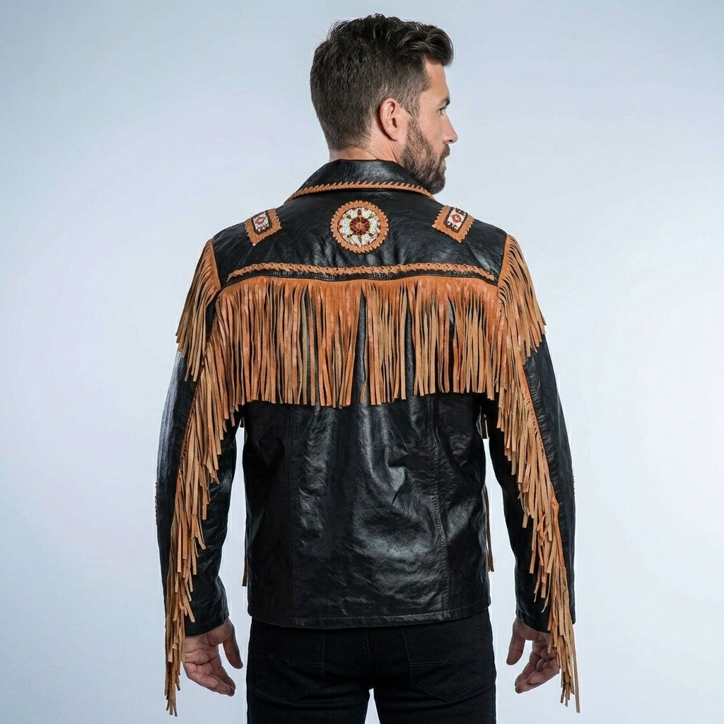 Men’s Cowboy Cowhide Leather Jacket with Fringe & Beads