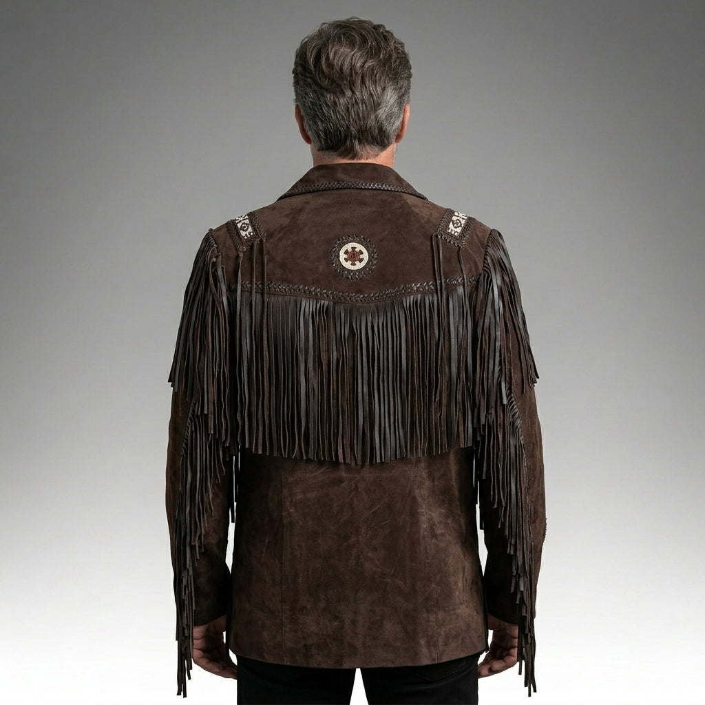 Men’s Brown Suede Fringe Jacket with Beads
