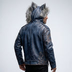 Men’s Blue Wolf Ear Leather Jacket with Fur Hood