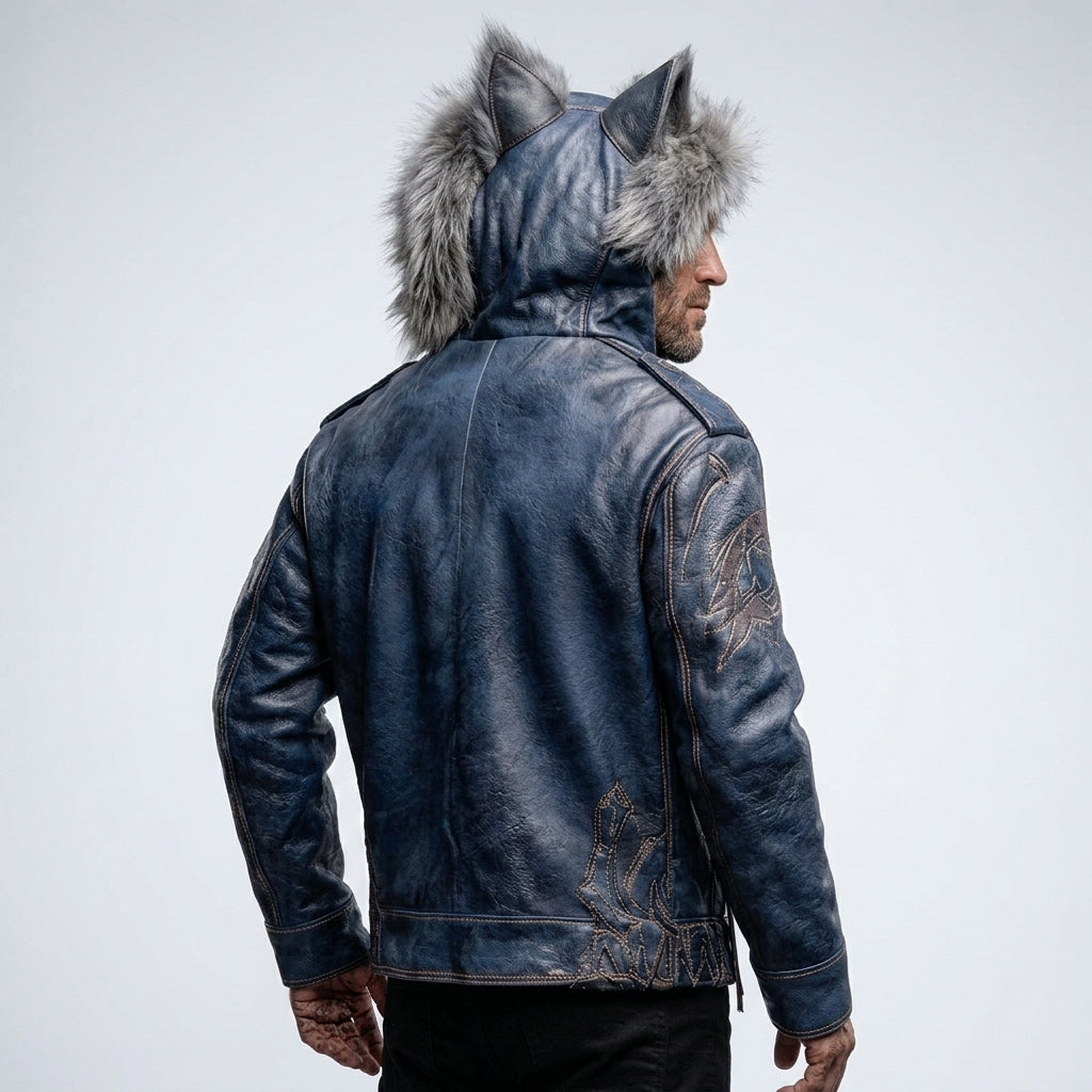 Men’s Blue Wolf Ear Leather Jacket with Fur Hood