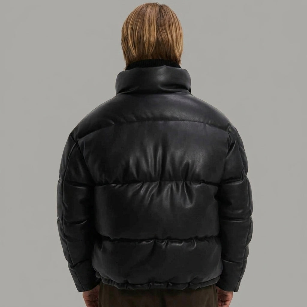 Men’s Black Faux Leather Puffer Jacket with High Neck Collar