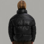 Men’s Black Faux Leather Puffer Jacket with High Neck Collar