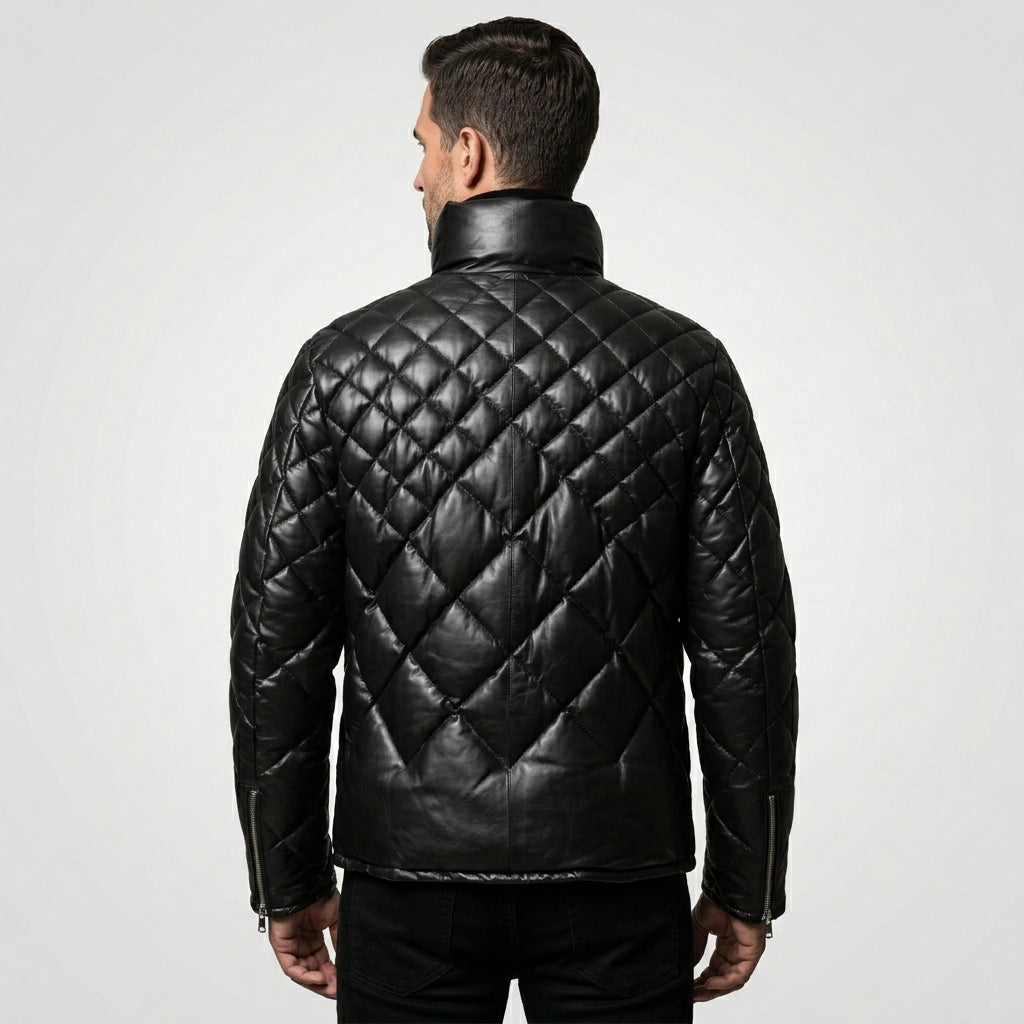 Men’s Black Lambskin Leather Puffer Jacket