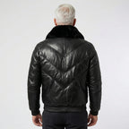 Men’s Black Leather V-Bomber Jacket with Fur Collar