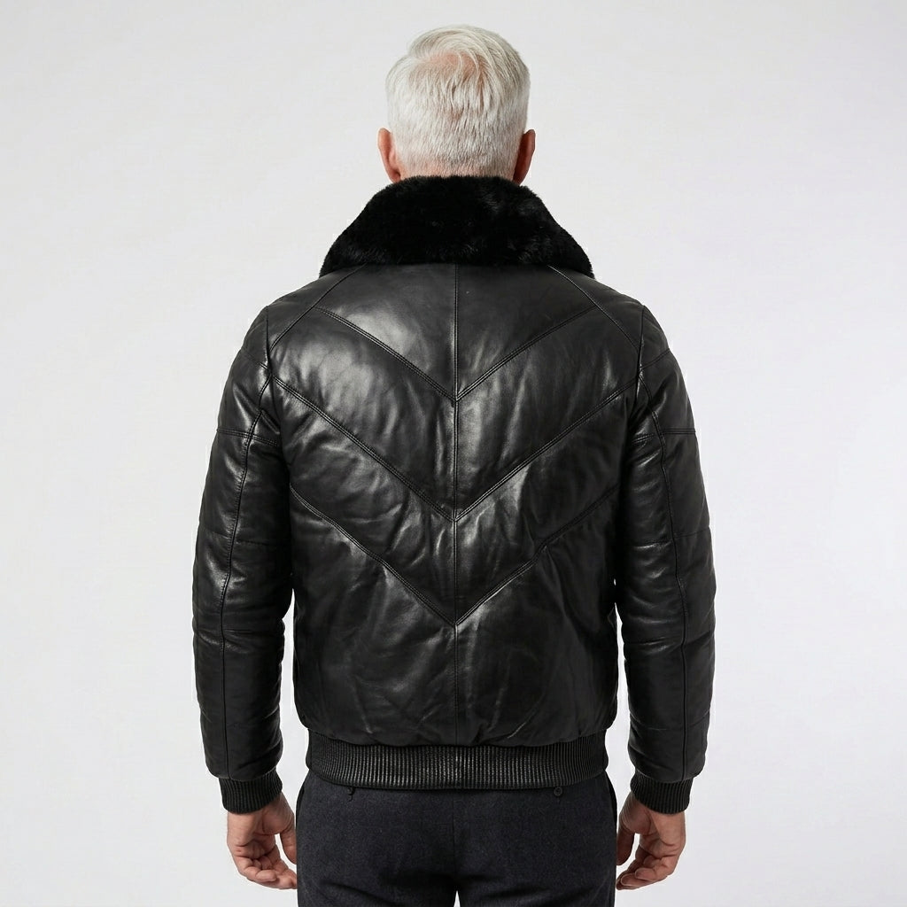 Men’s Black Leather V-Bomber Jacket with Fur Collar