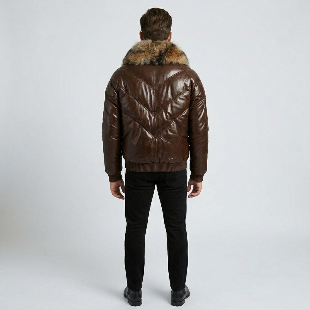 Men’s Dark Brown V-Bomber Leather Jacket