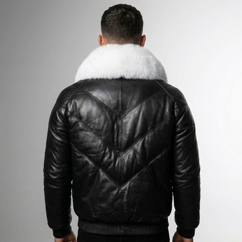 Men’s Iconic Black V-Bomber Leather Jacket with Fur Collar