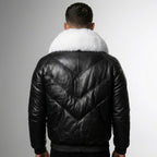Men’s Iconic Black V-Bomber Leather Jacket with Fur Collar