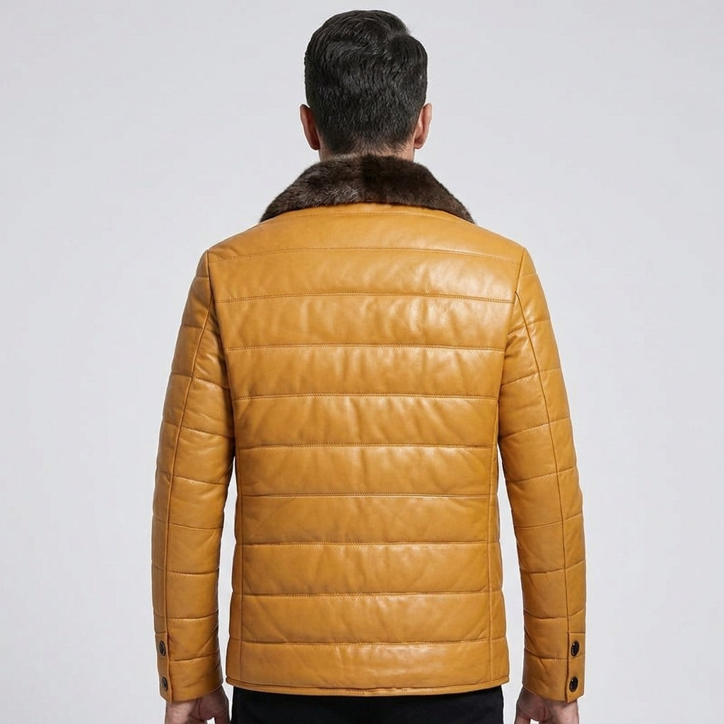 Men’s Leather Down Jacket Coat with Mink Fur Collar