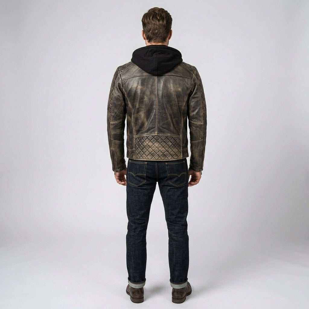 Men’s Vintage Hooded Leather Biker Jacke