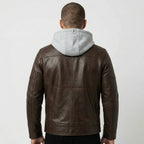 Men’sTwo-Tone Leather Moto Jacket with Hoodie