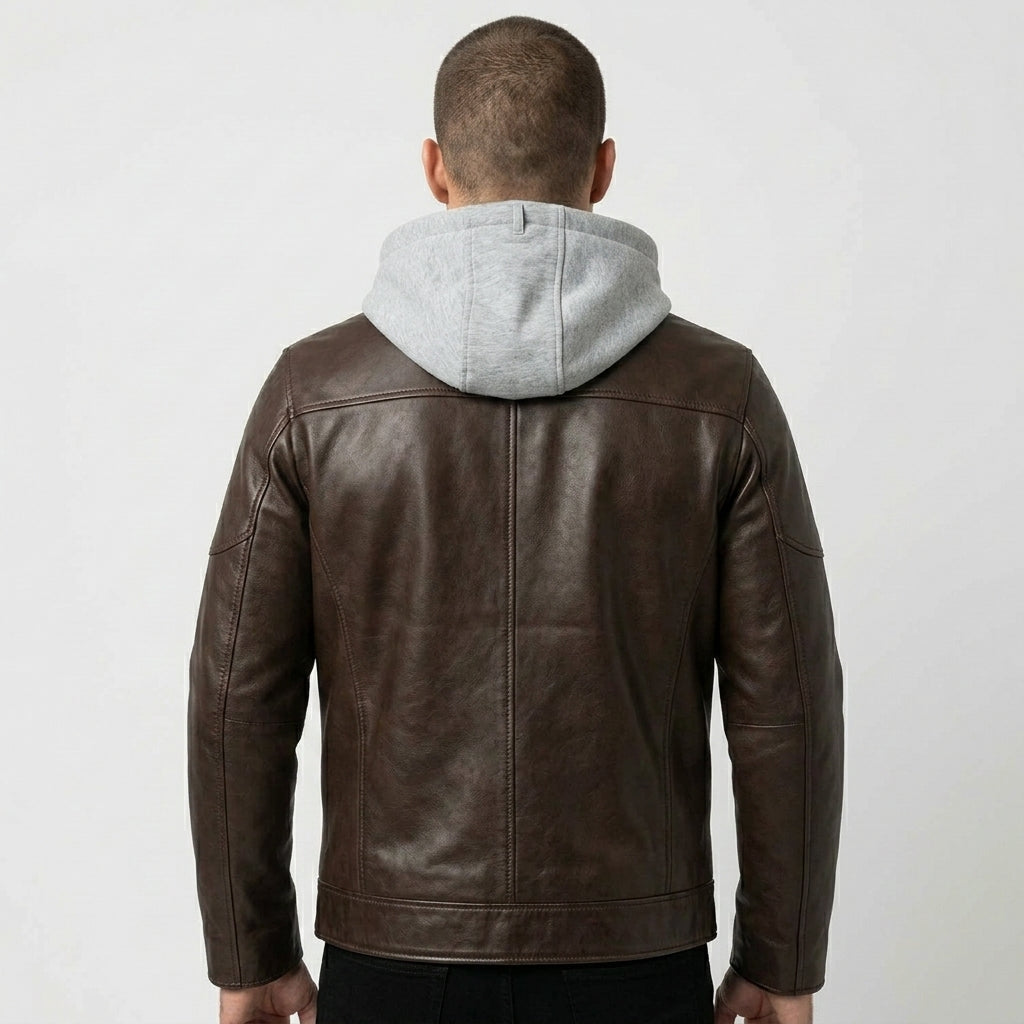 Men’sTwo-Tone Leather Moto Jacket with Hoodie