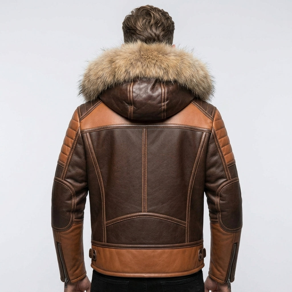 Men’s Sheepskin Leather Biker Jacket with Fur Hood