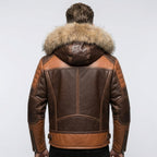 Men’s Sheepskin Leather Biker Jacket with Fur Hood