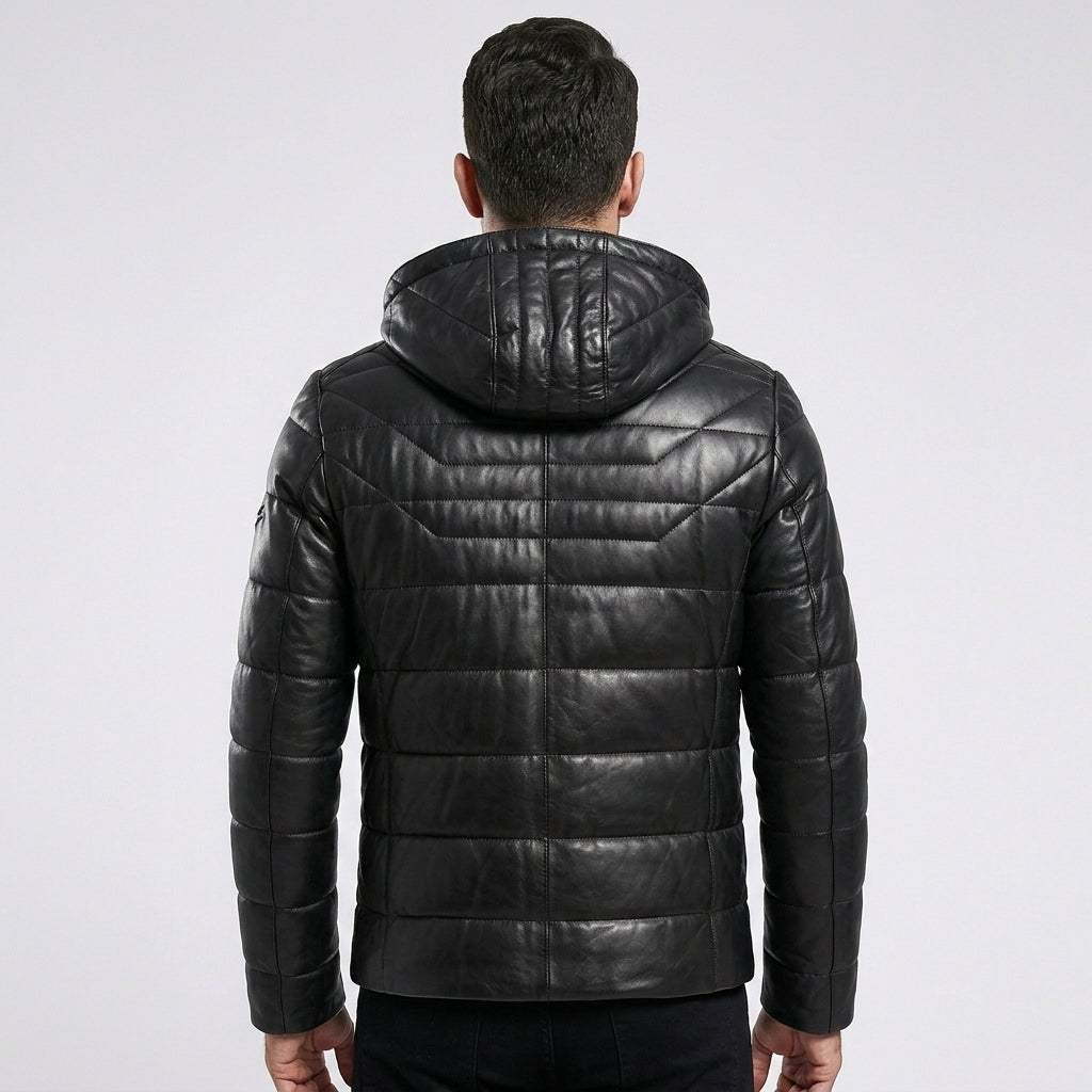 Men’s Real Leather Puffer Hooded Jacket
