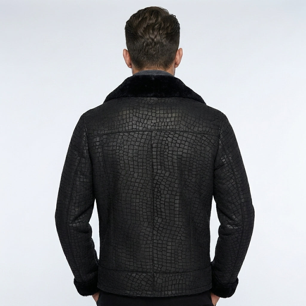 Men’s Black Crocodile Print Sheepskin Fur Leather Coat