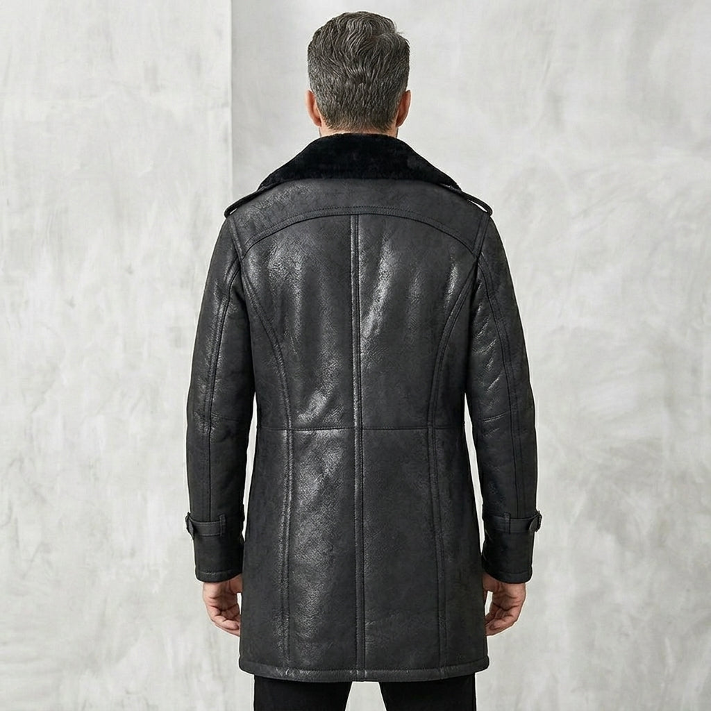 Men’s Black Shearling Long Trench Coat