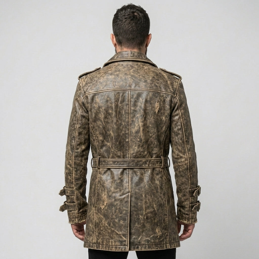 Men’s Distressed Brown Leather Trench Coat