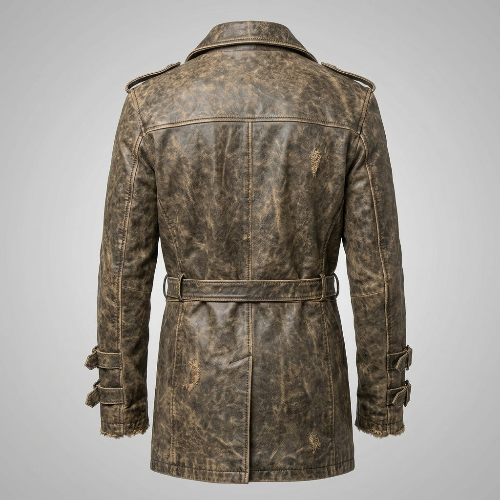 Men’s Distressed Brown Leather Trench Coat