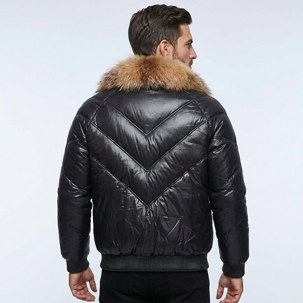 Men’s Black Bubble V-Bomber Leather Jacket – Quilted Winter Street Style