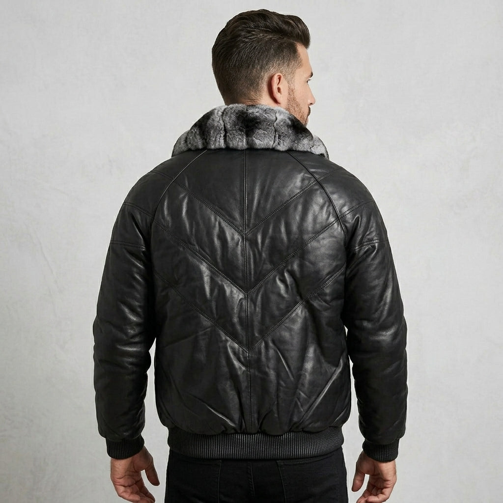 Men’s Black V-Bomber Leather Jacket