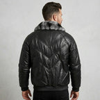 Men’s Black V-Bomber Leather Jacket – Quilted Street Style Bomber