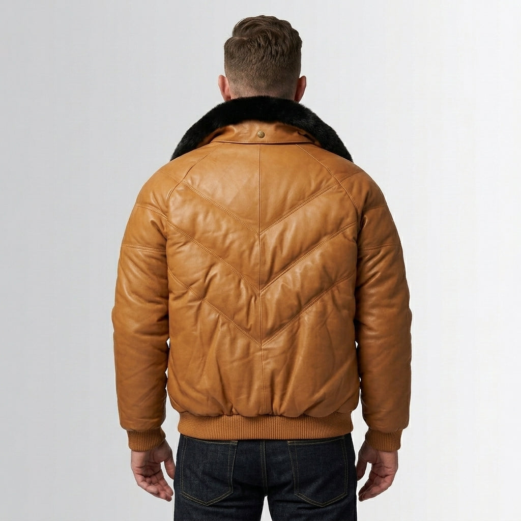 Men’s Brown V-Bomber Leather Jacket – Classic Quilted Outerwear Bomber