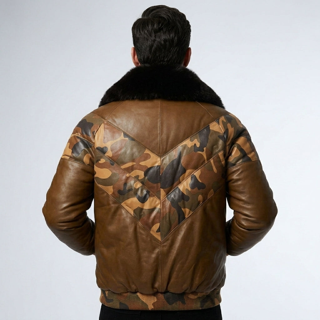 Men’s Shearling Collar Leather Jacket – V-Bomber Aviator Style