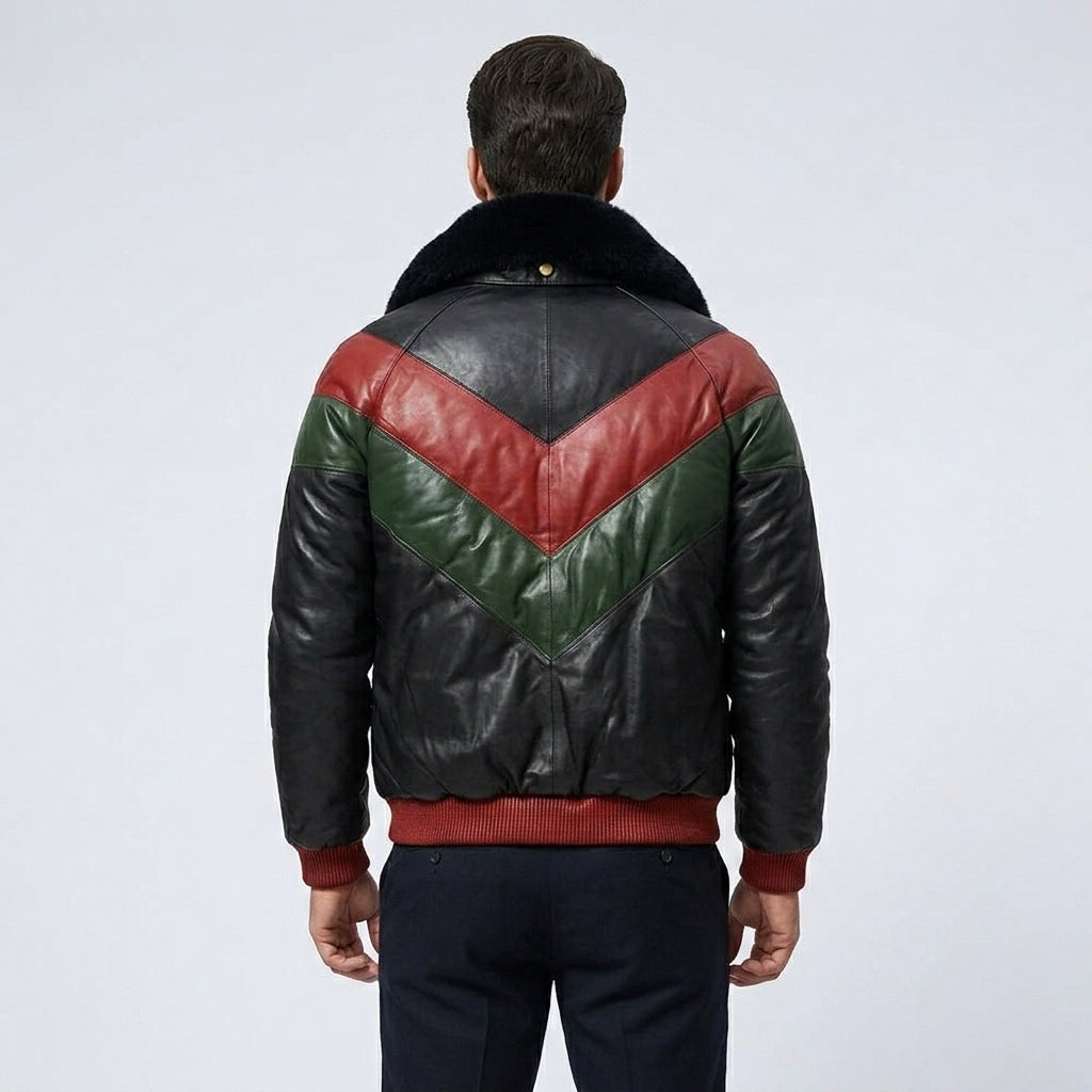 Men’s Stylish Multicolor V-Bomber Leather Jacket – Quilted Streetwear Style