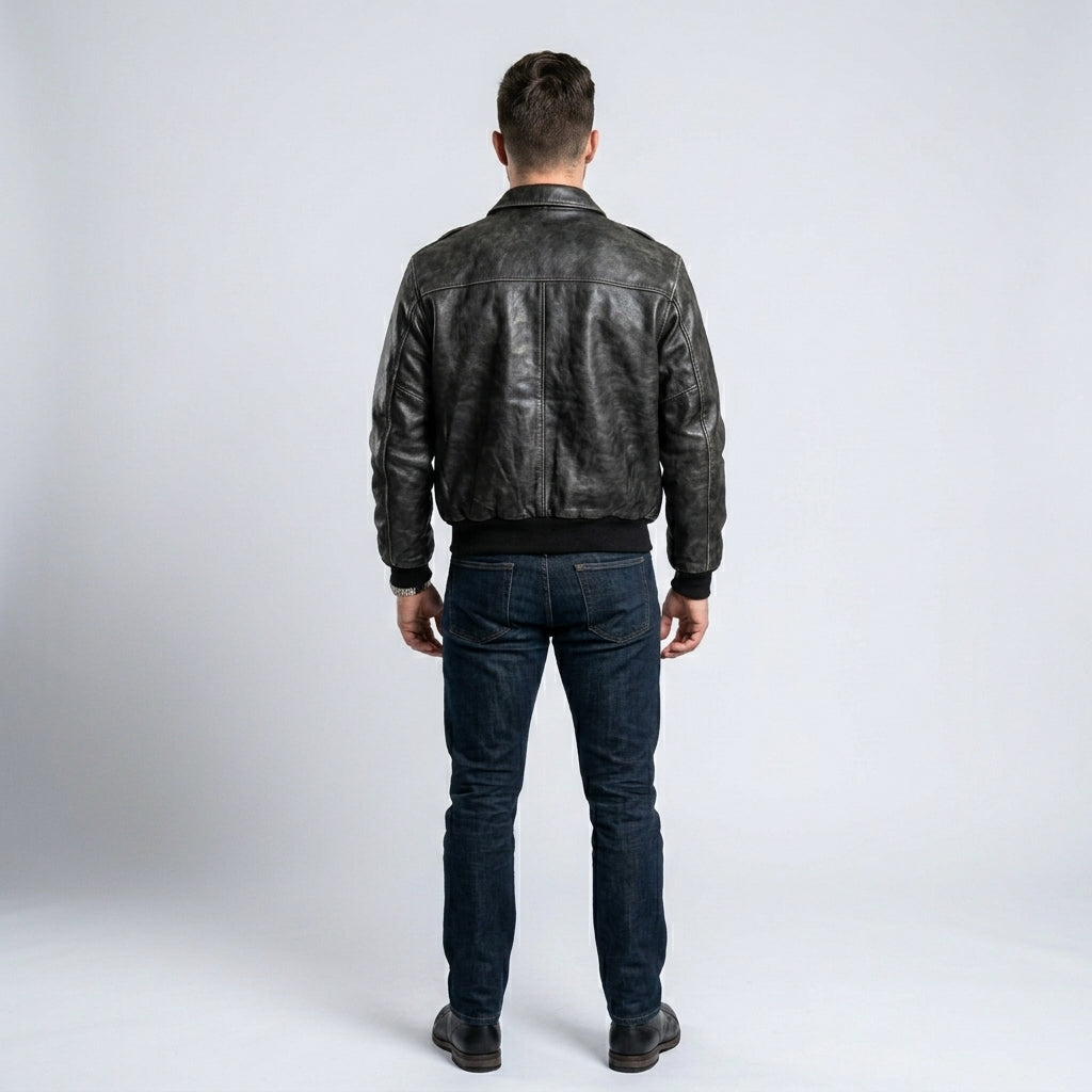 Men’s 80s A2 Flight Vintage Military Leather Jacket – Black Aviator Style