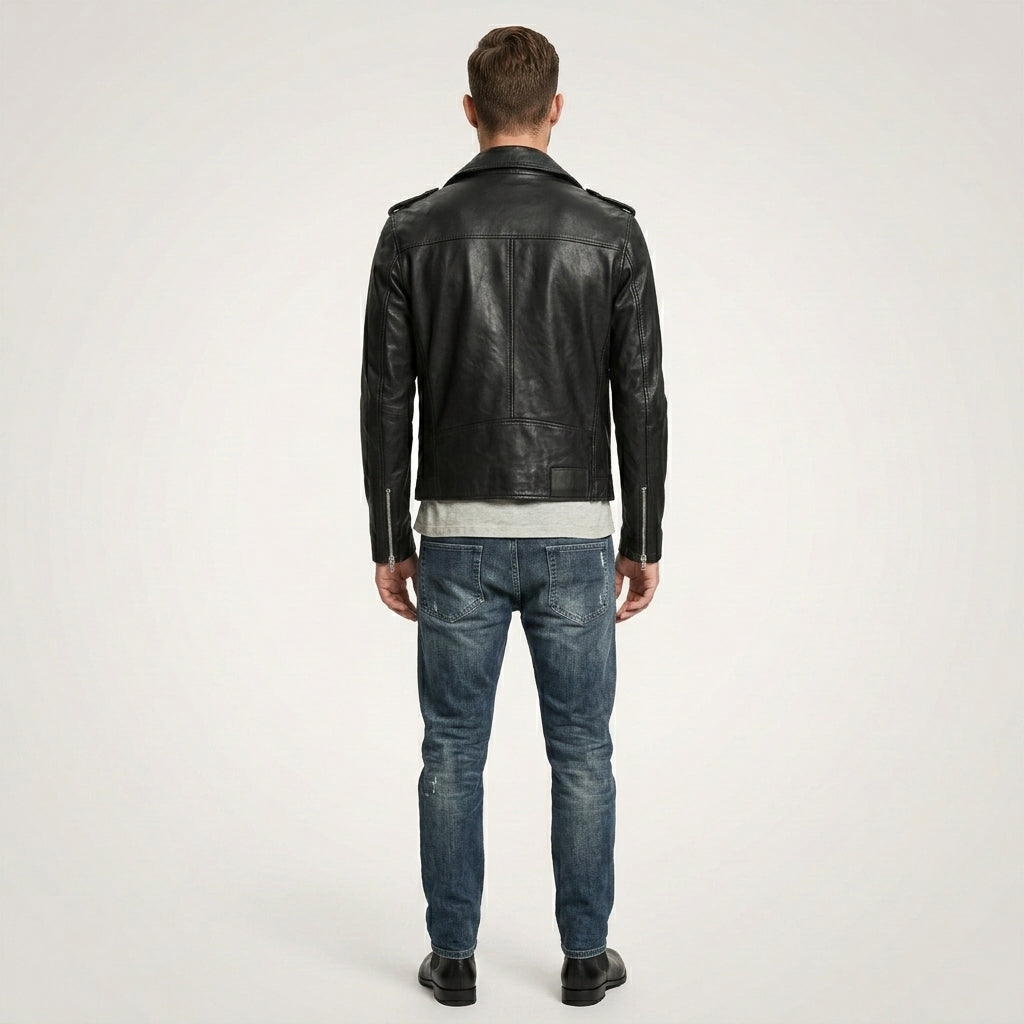 Men’s Black Leather Motorcycle Jacket – Classic Biker Riding Style